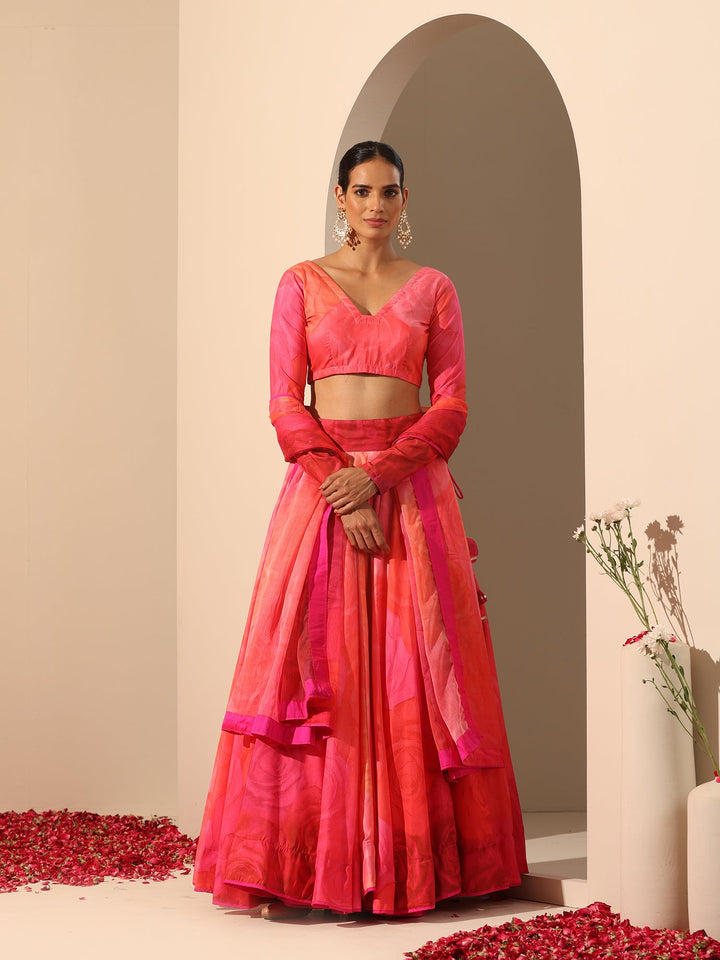 Orange & Pink Muslin Silk Lehenga Set | Elegant Chiffon Dupatta