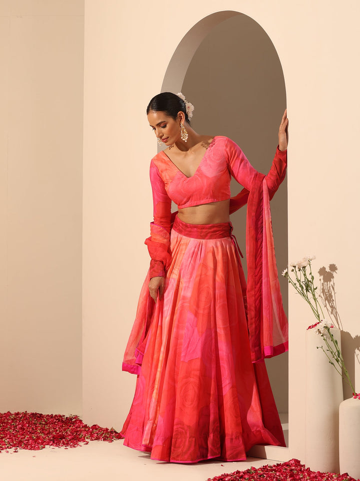 Orange & Pink Muslin Silk Lehenga Set | Elegant Chiffon Dupatta