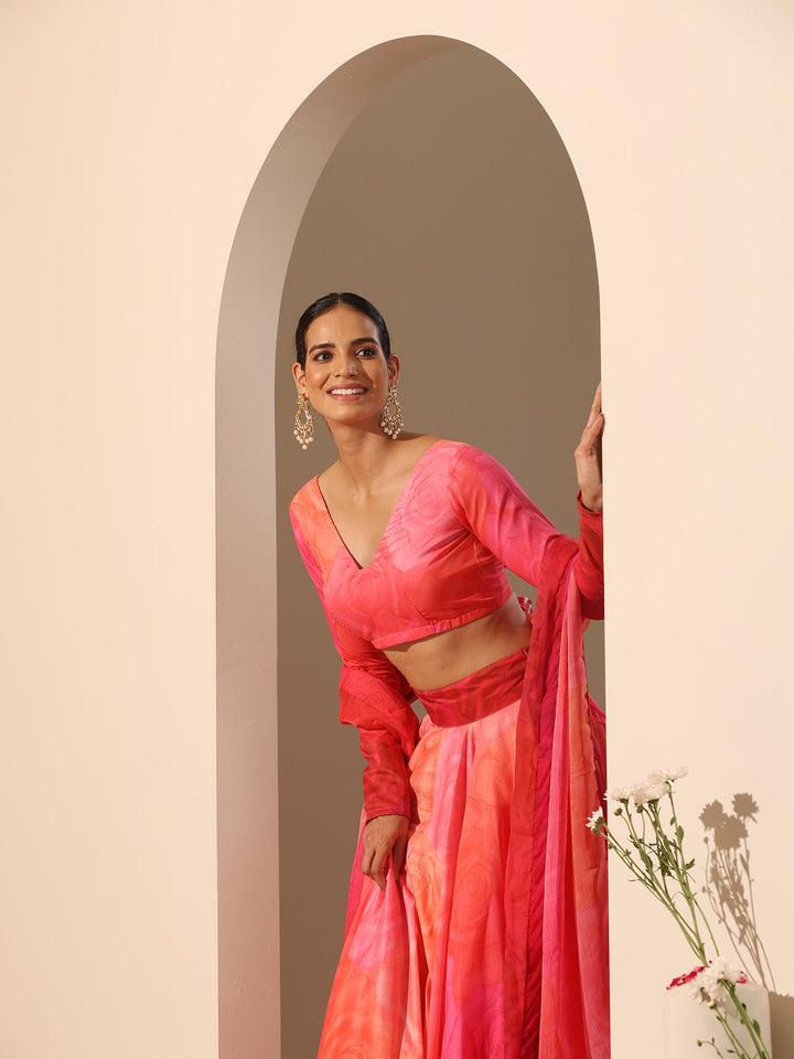 Orange & Pink Muslin Silk Lehenga Set | Elegant Chiffon Dupatta