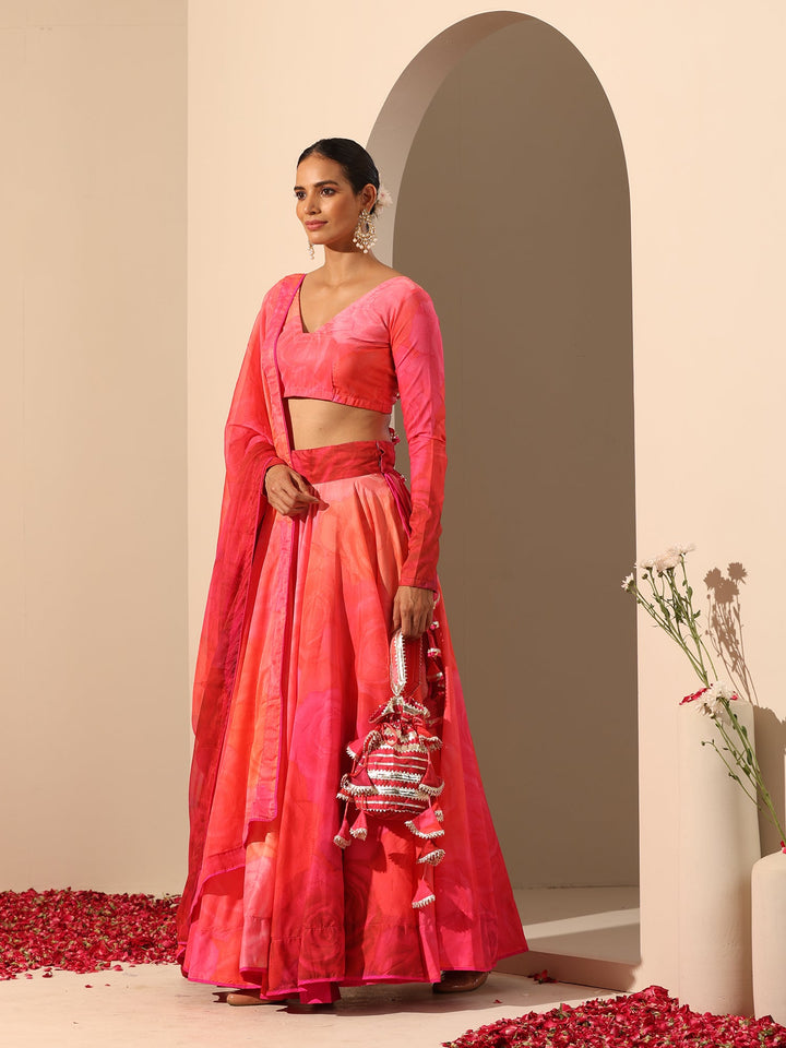 Orange & Pink Muslin Silk Lehenga Set | Elegant Chiffon Dupatta
