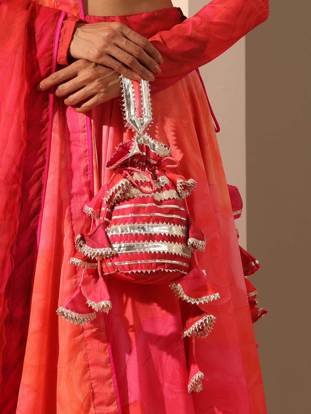 Orange & Pink Muslin Silk Lehenga Set | Elegant Chiffon Dupatta