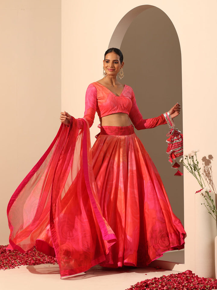 Orange & Pink Muslin Silk Lehenga Set | Elegant Chiffon Dupatta