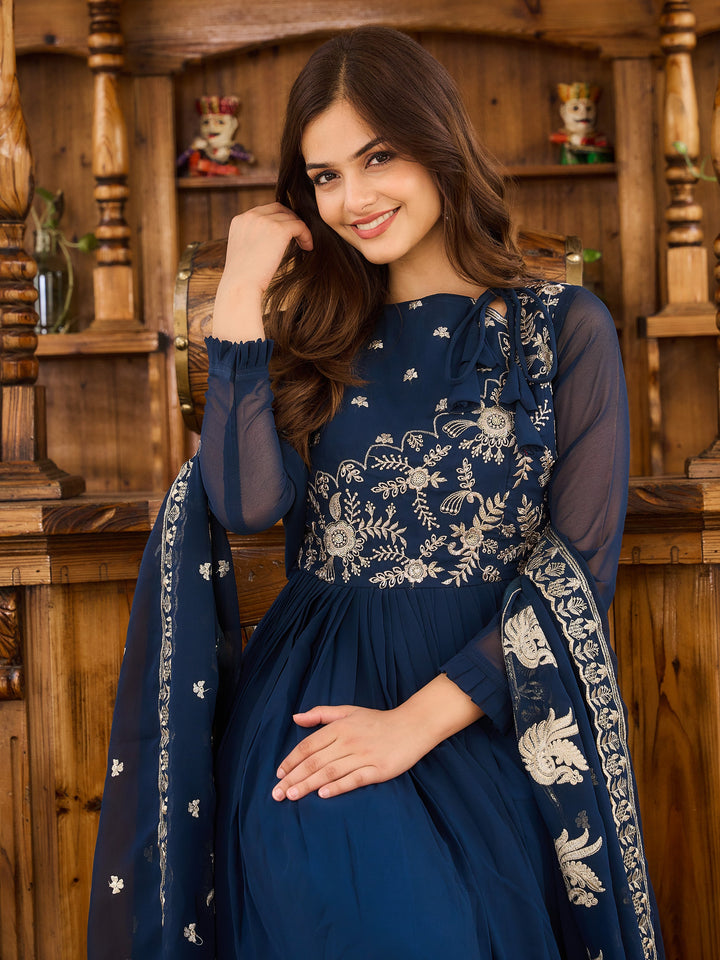 Charming Navy Blue Embroidered Georgette Festival Wear Gown