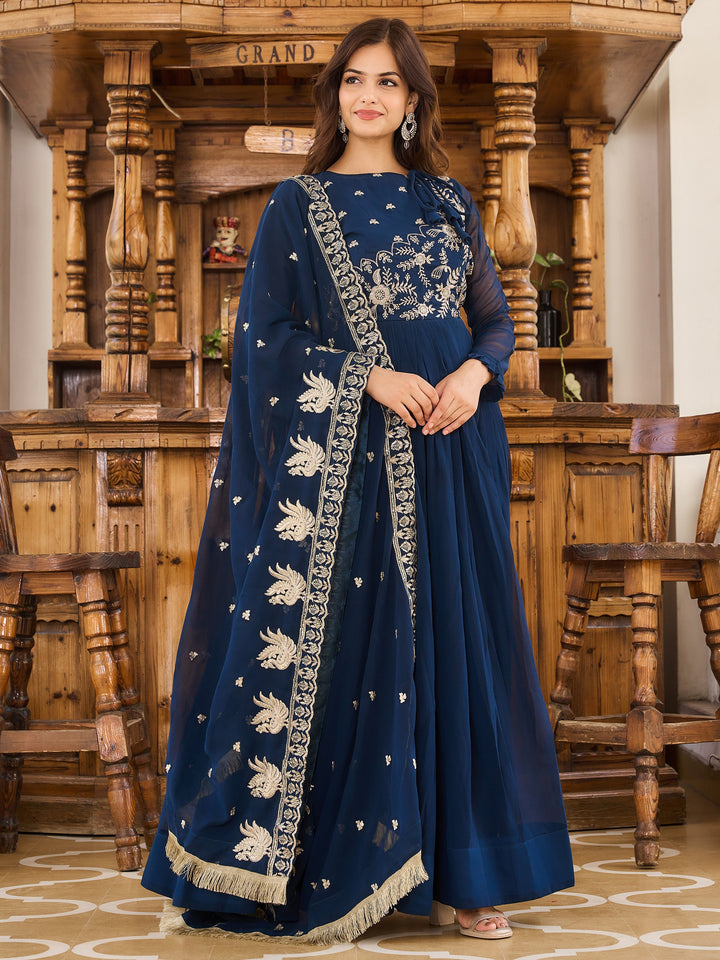 Charming Navy Blue Embroidered Georgette Festival Wear Gown