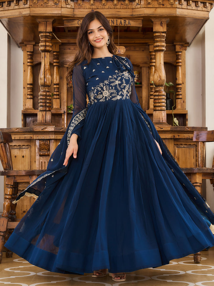 Charming Navy Blue Embroidered Georgette Festival Wear Gown