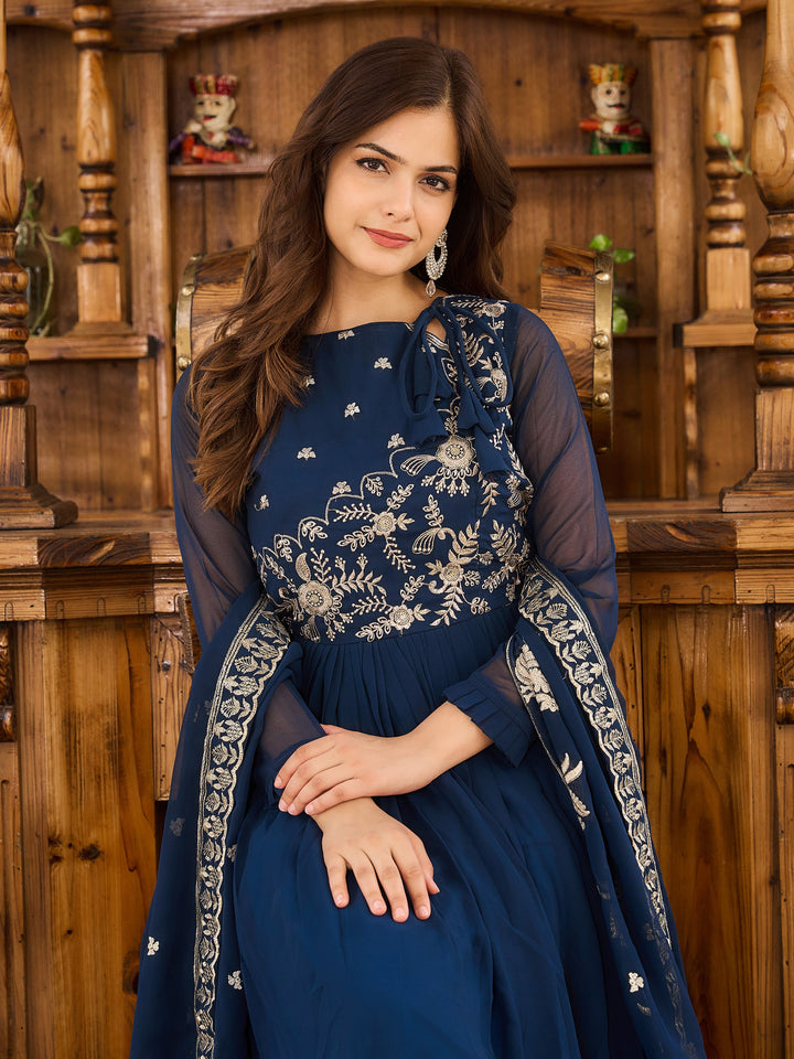 Charming Navy Blue Embroidered Georgette Festival Wear Gown