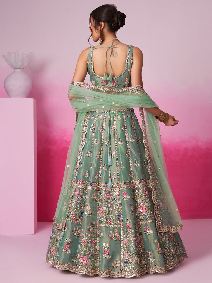 Designer Sea Green Lehenga Choli | Silk & Sequin Work with Embroidered Dupatta