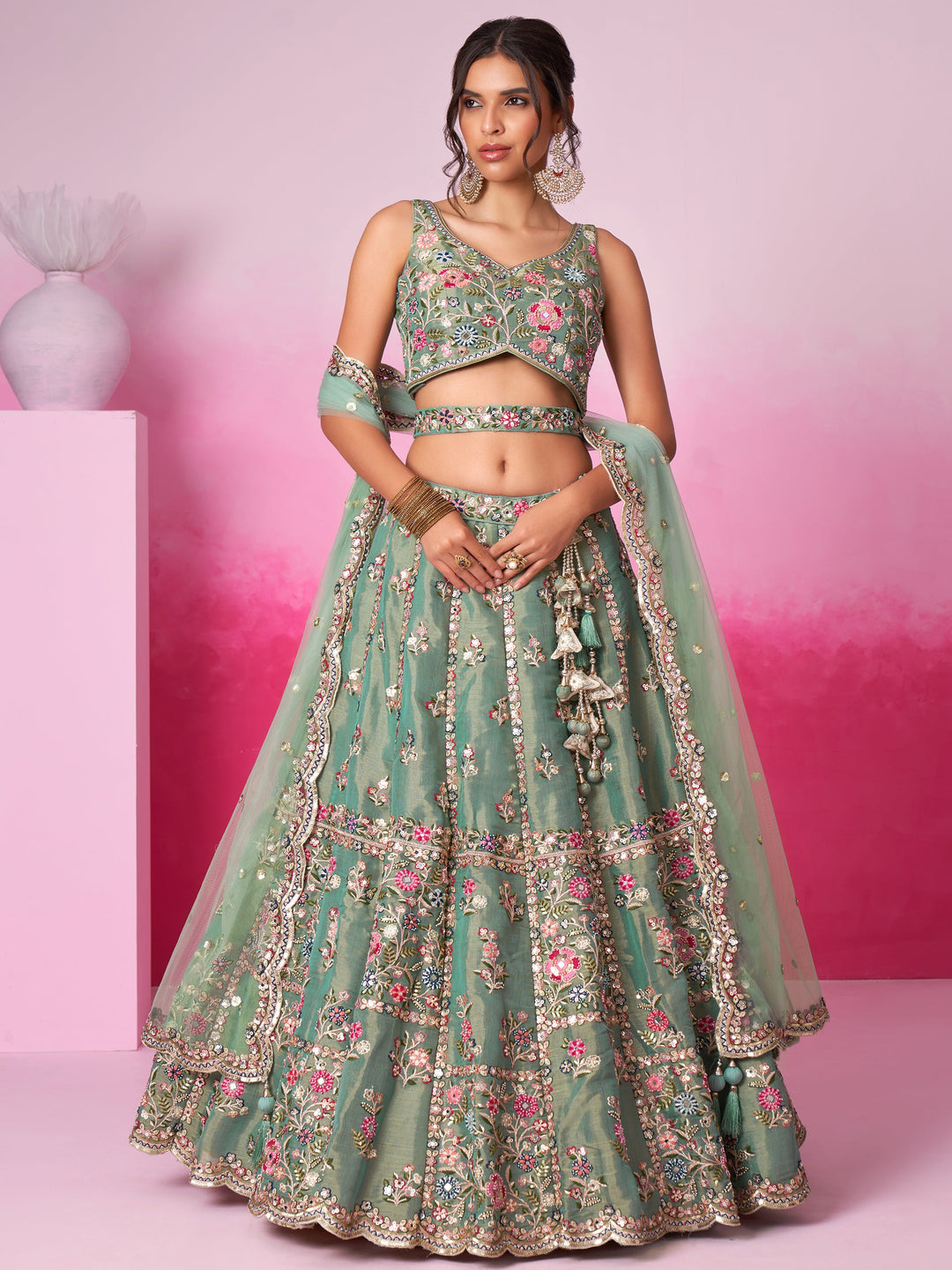 Designer Sea Green Lehenga Choli | Silk & Sequin Work with Embroidered Dupatta
