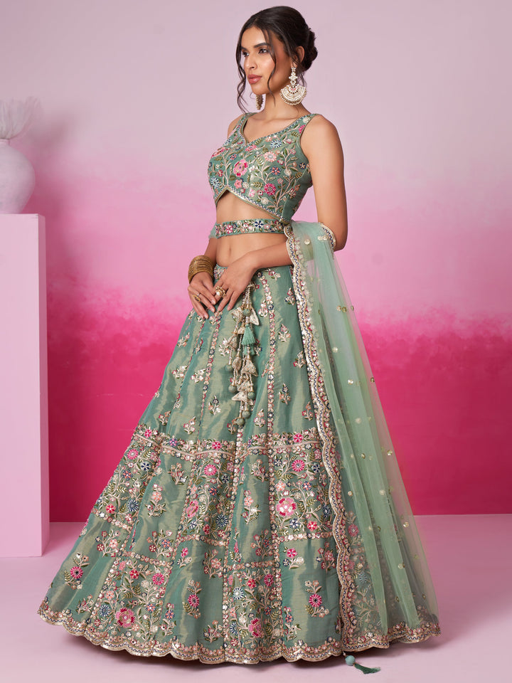 Designer Sea Green Lehenga Choli | Silk & Sequin Work with Embroidered Dupatta