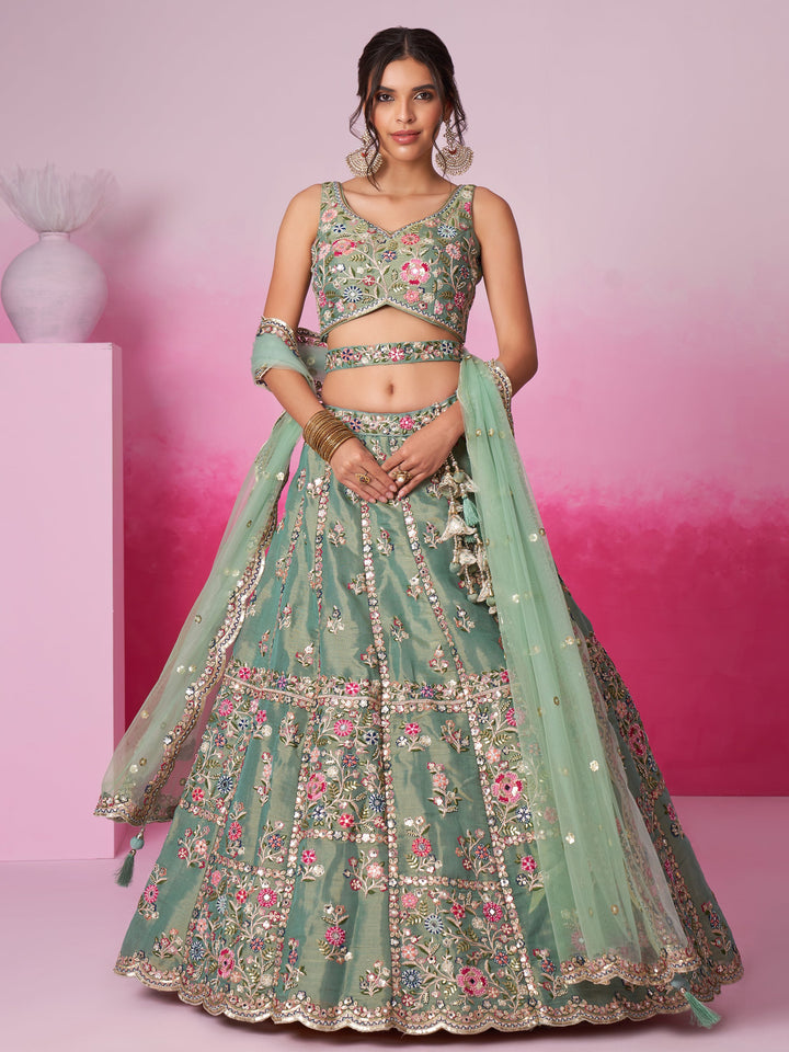 Designer Sea Green Lehenga Choli | Silk & Sequin Work with Embroidered Dupatta