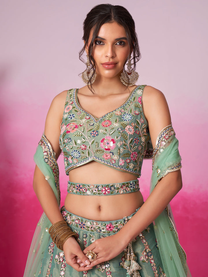 Designer Sea Green Lehenga Choli | Silk & Sequin Work with Embroidered Dupatta