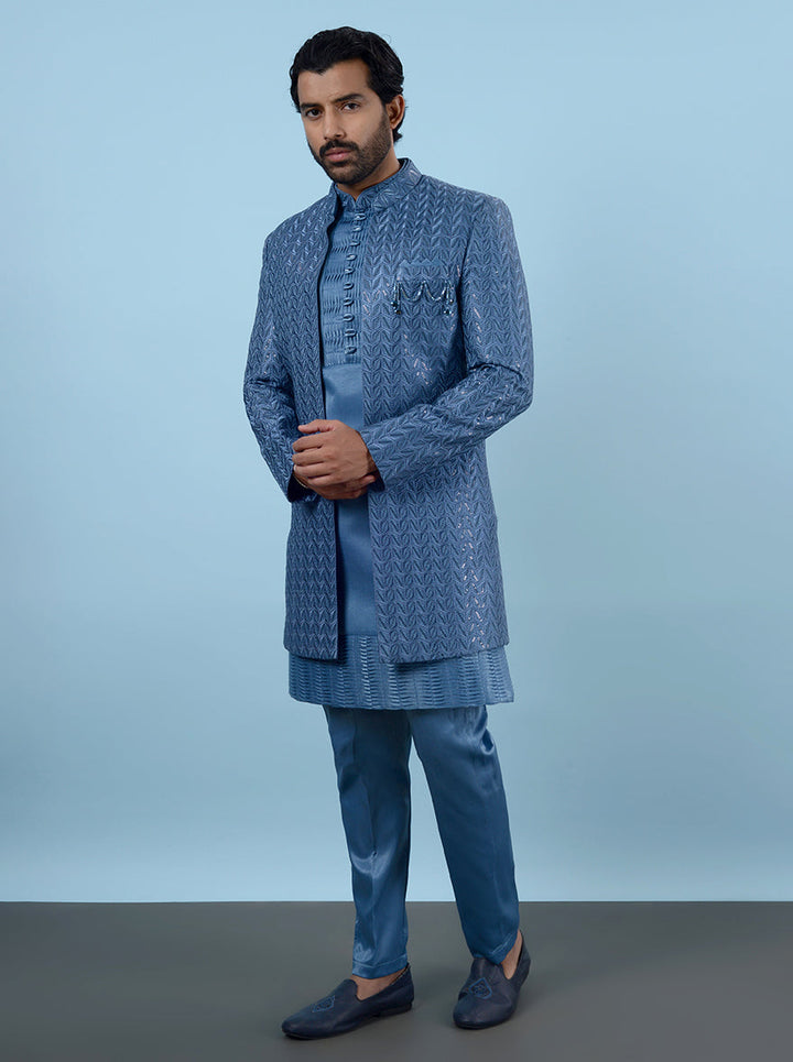 Men’s blue ethnic wear with resham and sequins embroidery