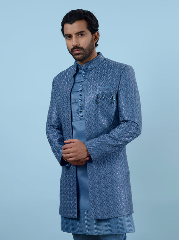 Elegant Blue Silk Blend Indowestern | Resham & Sequins for Sangeet
