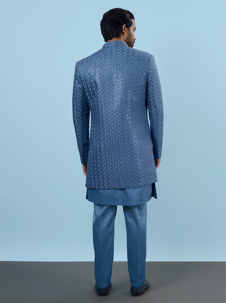 Stylish blue silk blend Indowestern, front-open and straight cut