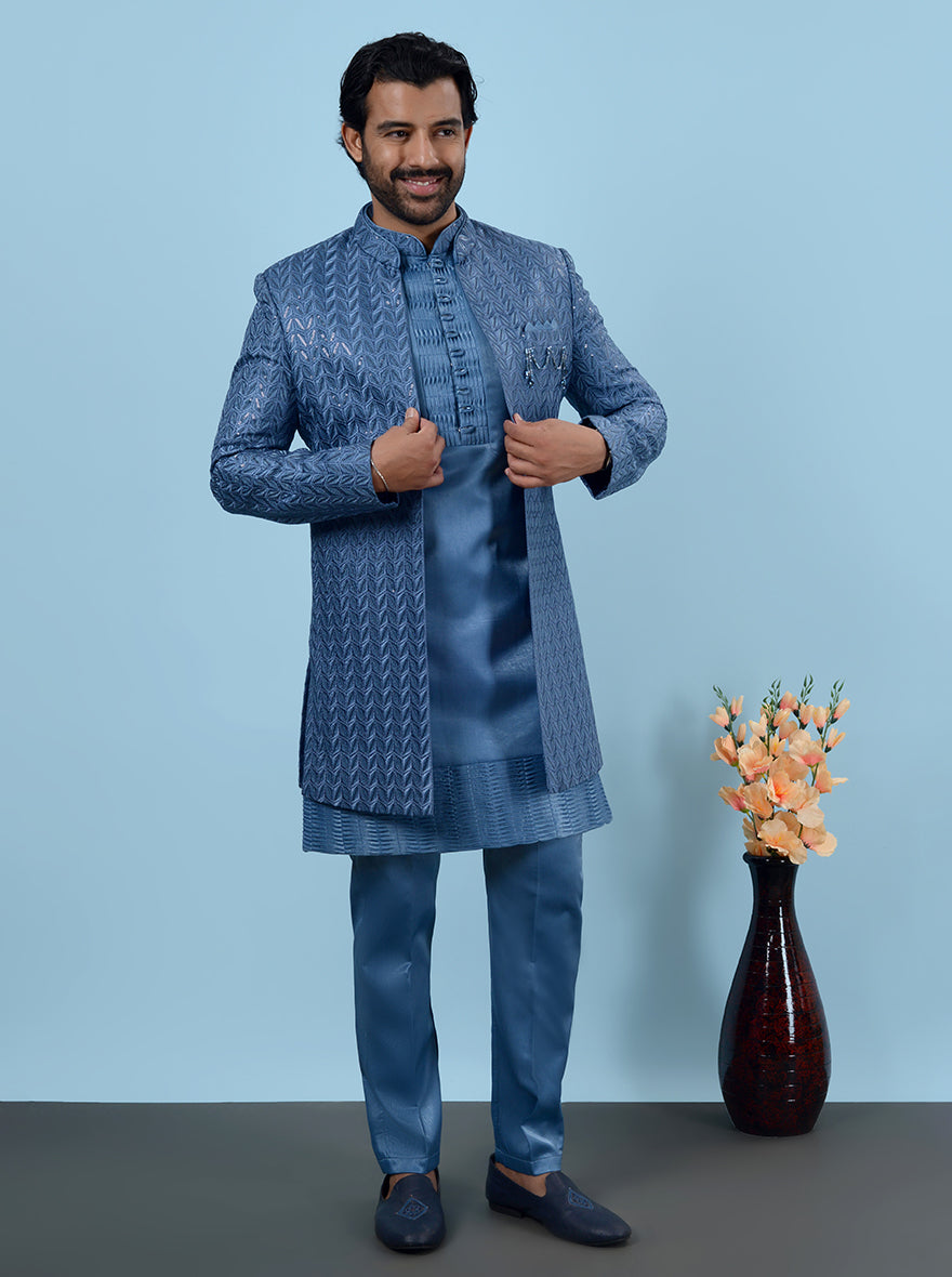 Elegant blue Indowestern with embroidered kurta for sangeet