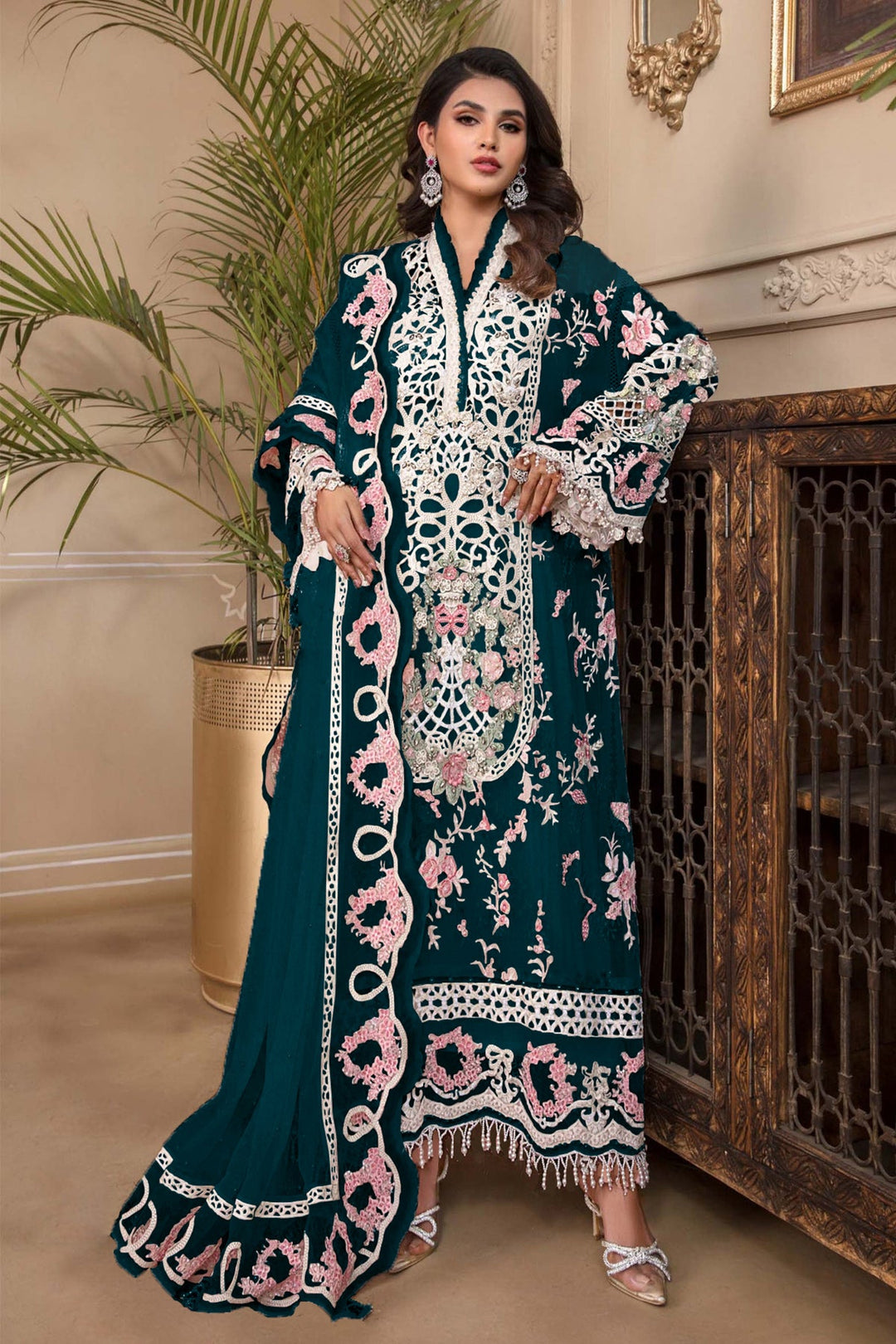 Teal Pakistani Salwar Kameez | Heavy Embroidery & Frill Work Dupatta