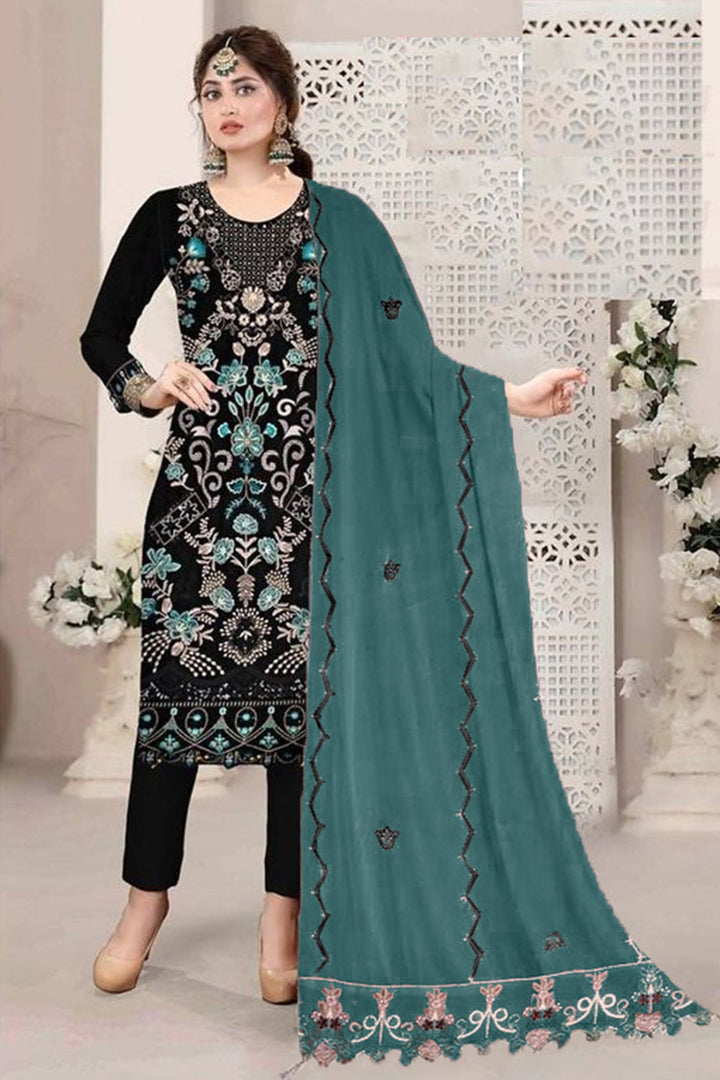 Georgette Back Work Salwar Kameez | Contrast Embroidery Dupatta