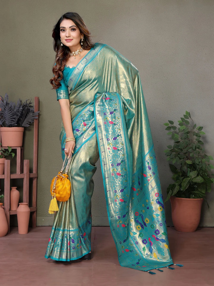 Rama Luxurious Banarasi Tissue Silk Saree with Paithani Designer Work Blouse
