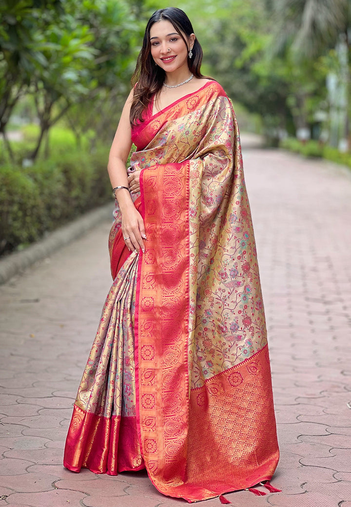 Raspberry Beautiful Woven Silk Saree – Ideal Wedding & Party Wear