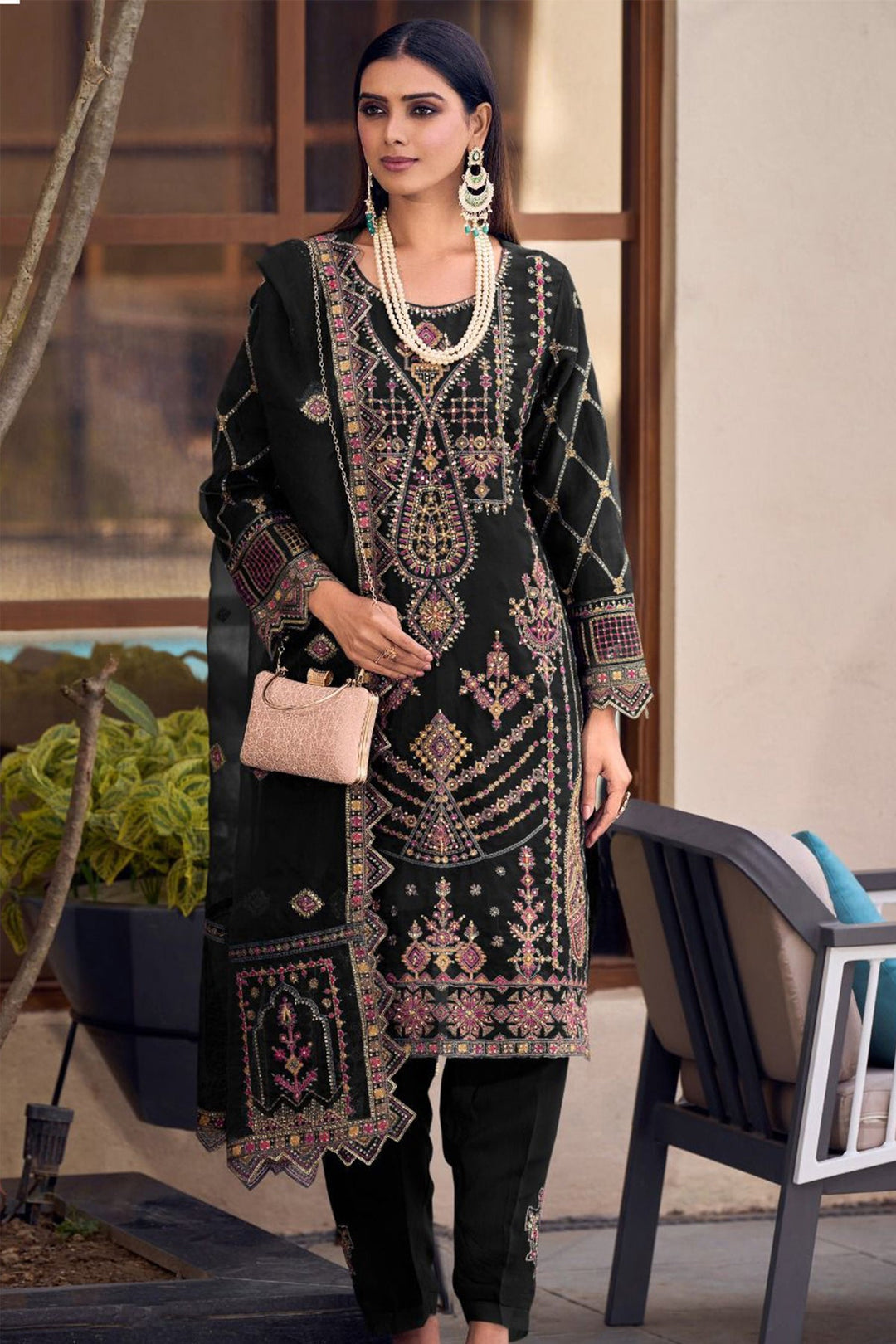 Pakistani Black Kameez with Organza Dupatta | Designer Ethnic Suit for Women