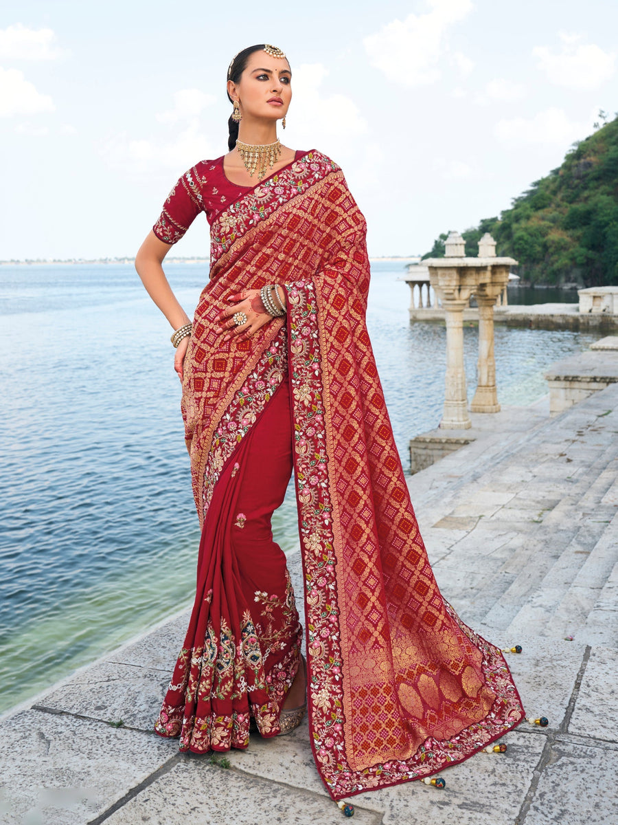 Red Dola Silk Saree with Bandhej