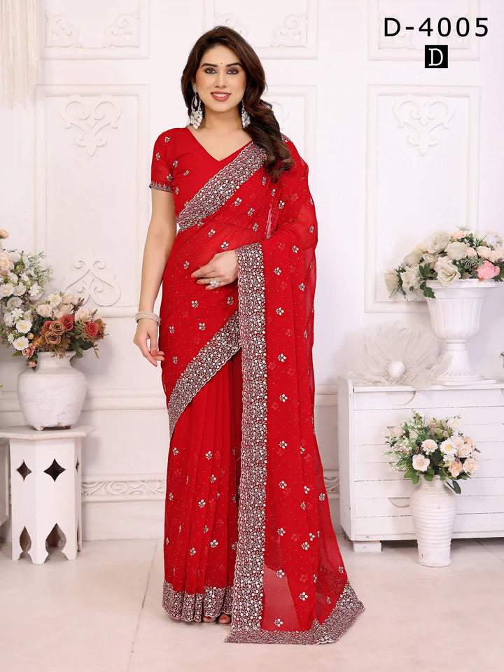 Red Georgette Saree with Elegant Zari & Stone Embroidery | Silverbin

