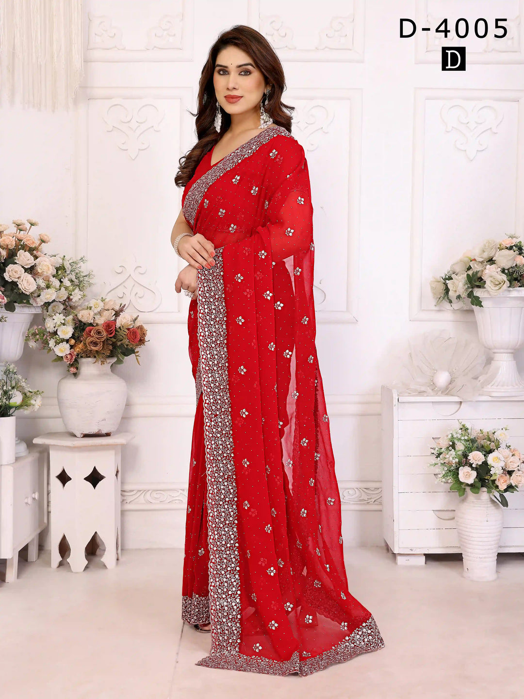 Red Georgette Saree with Elegant Zari & Stone Embroidery | Silverbin

