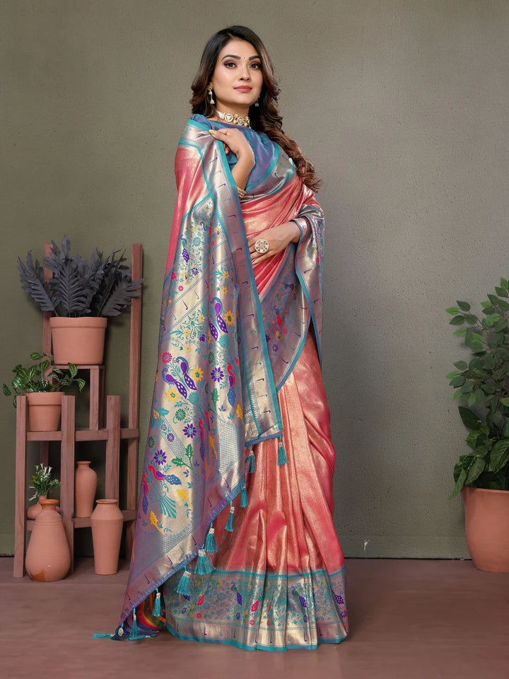 Red Orange Luxurious Banarasi Tissue Silk Saree with Paithani Designer Work Blouse
