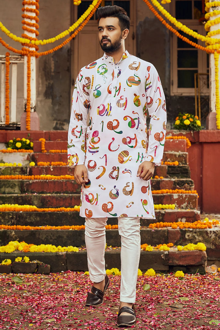 White Art Silk Navratri Kurta | Designer Printed Festive Wear for Men