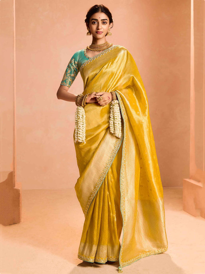 Ravishing Yellow Zari Weaving Silk Haldi Wear Saree With Blouse