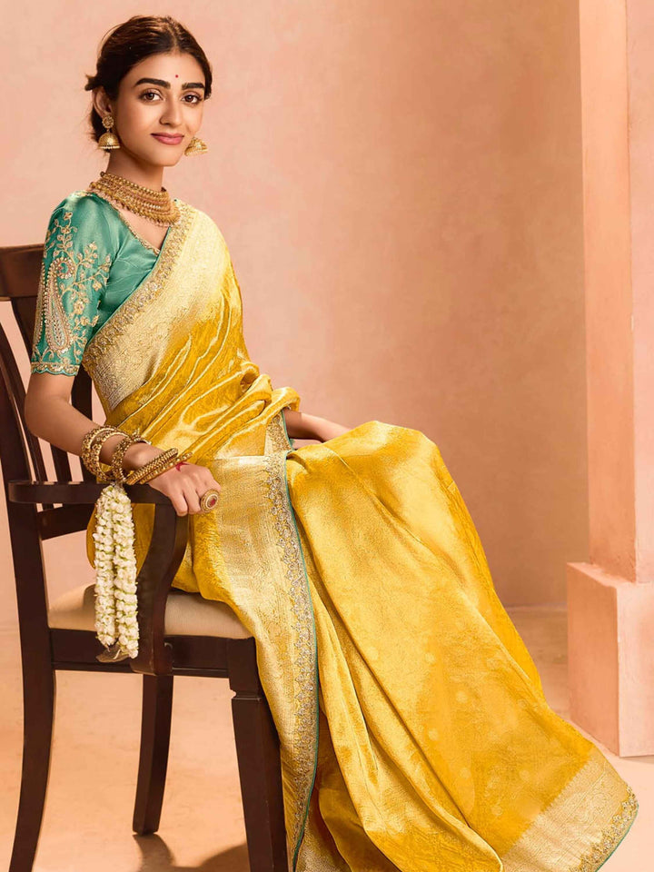 Ravishing Yellow Zari Weaving Silk Haldi Wear Saree With Blouse