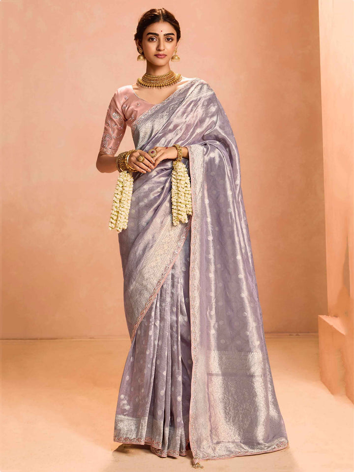 Beautiful Mauve Zari Weaving Silk Event Wear Saree With Blouse