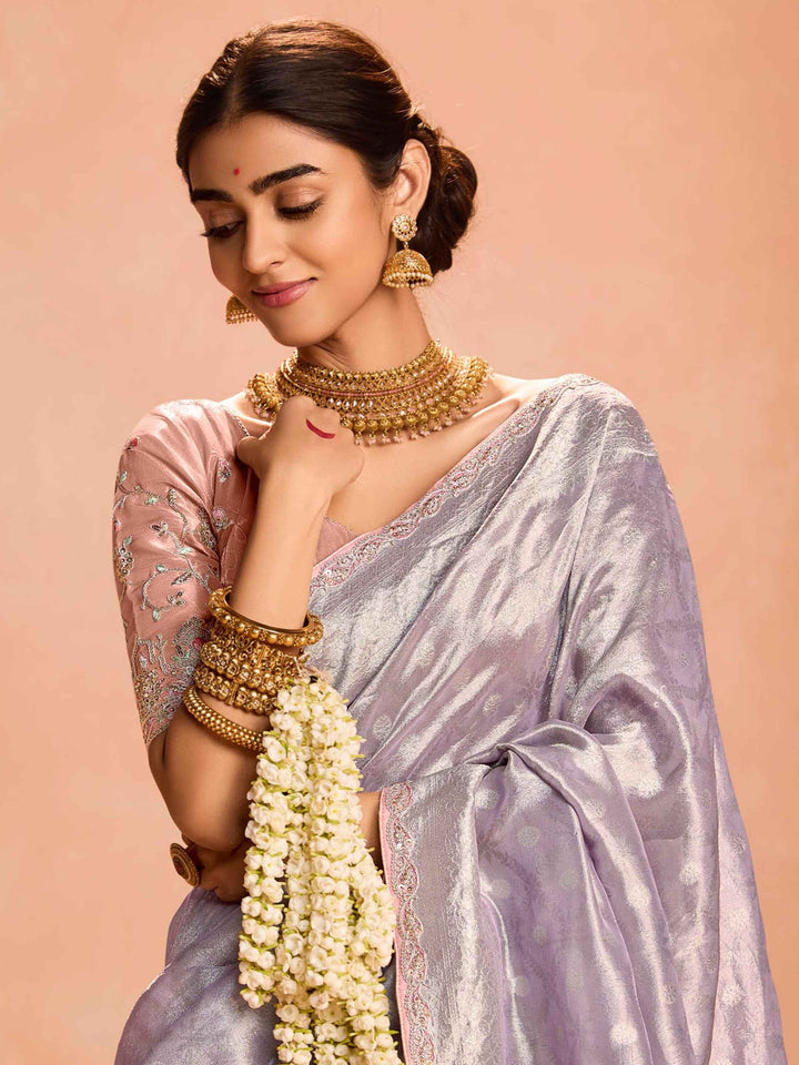 Beautiful Mauve Zari Weaving Silk Event Wear Saree With Blouse