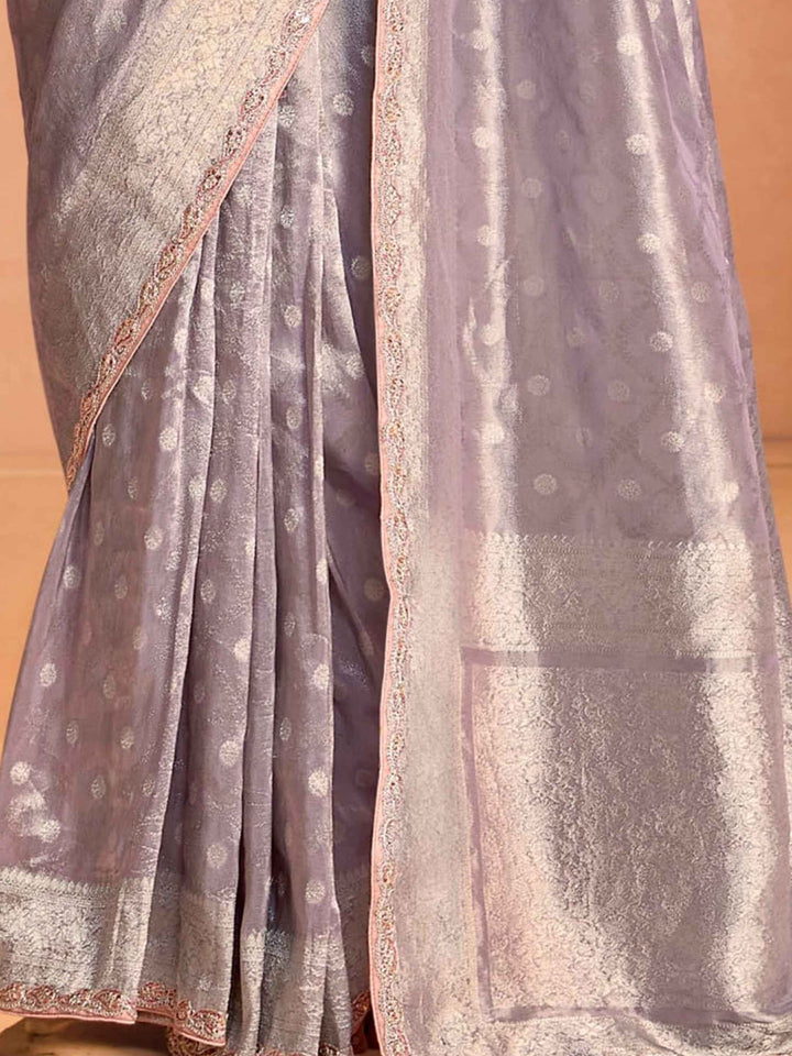 Beautiful Mauve Zari Weaving Silk Event Wear Saree With Blouse