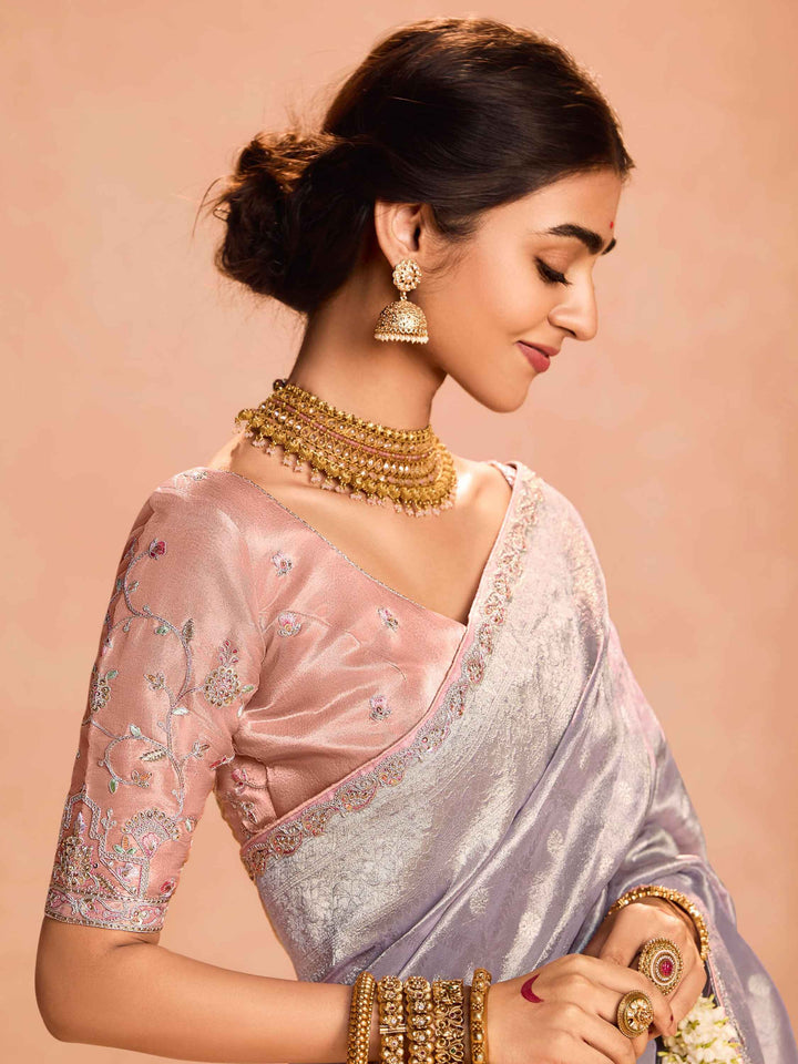 Beautiful Mauve Zari Weaving Silk Event Wear Saree With Blouse