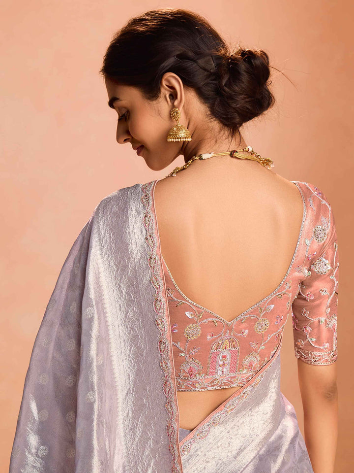 Beautiful Mauve Zari Weaving Silk Event Wear Saree With Blouse