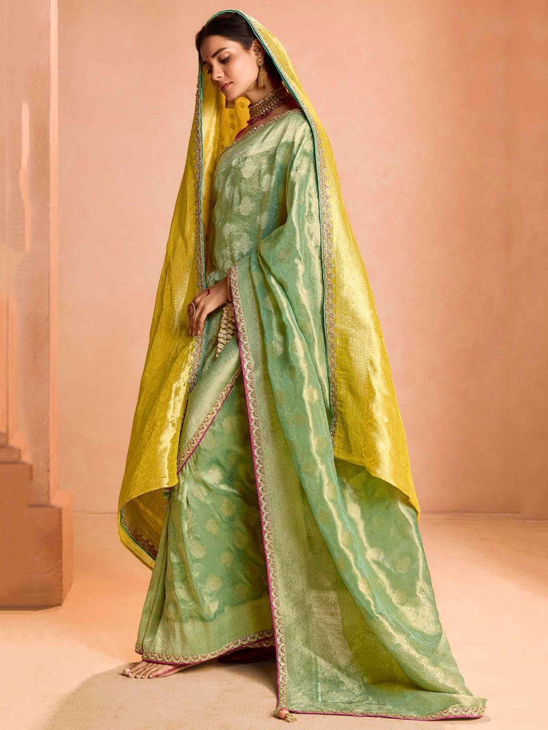 Winning Pista Green Zari Weaving Silk | Function Wear Saree With Blouse Signature Design