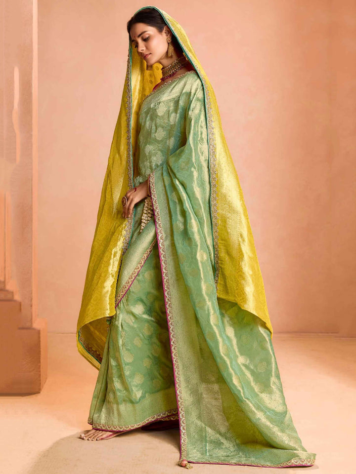 Winning Pista Green Zari Weaving Silk | Function Wear Saree With Blouse Signature Design