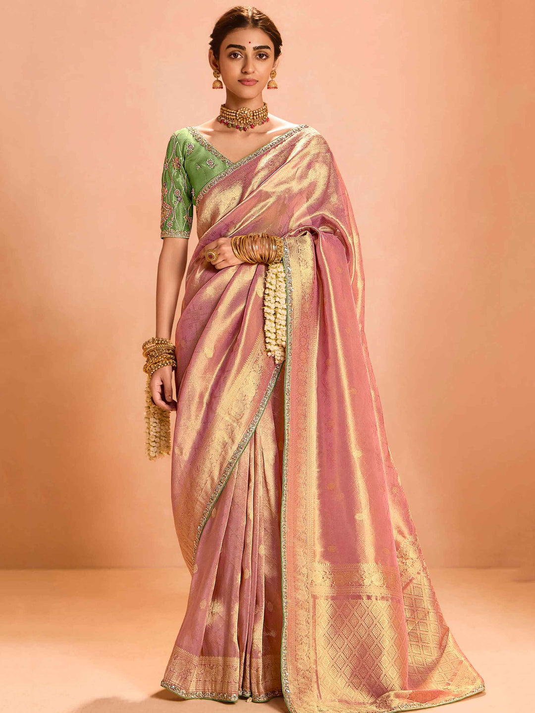 Lovely Rose Gold Zari Weaving Silk Reception Wear Saree With Blouse