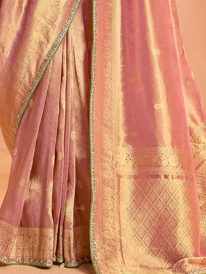 Lovely Rose Gold Zari Weaving Silk Reception Wear Saree With Blouse