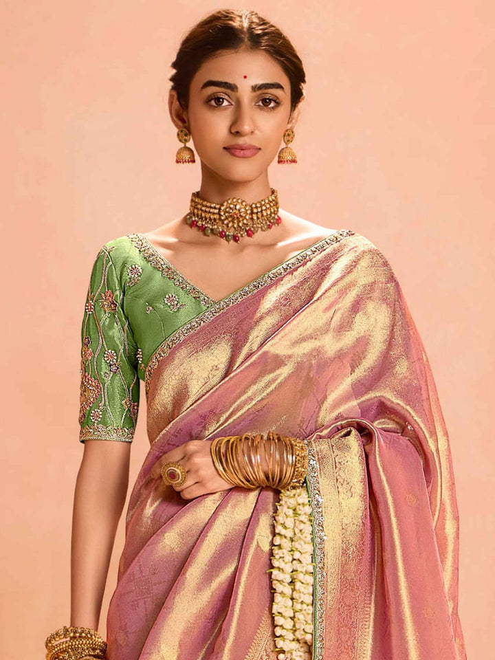 Lovely Rose Gold Zari Weaving Silk Reception Wear Saree With Blouse