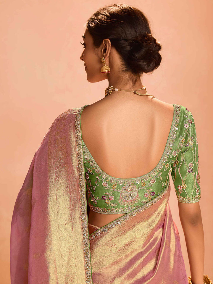 Lovely Rose Gold Zari Weaving Silk Reception Wear Saree With Blouse