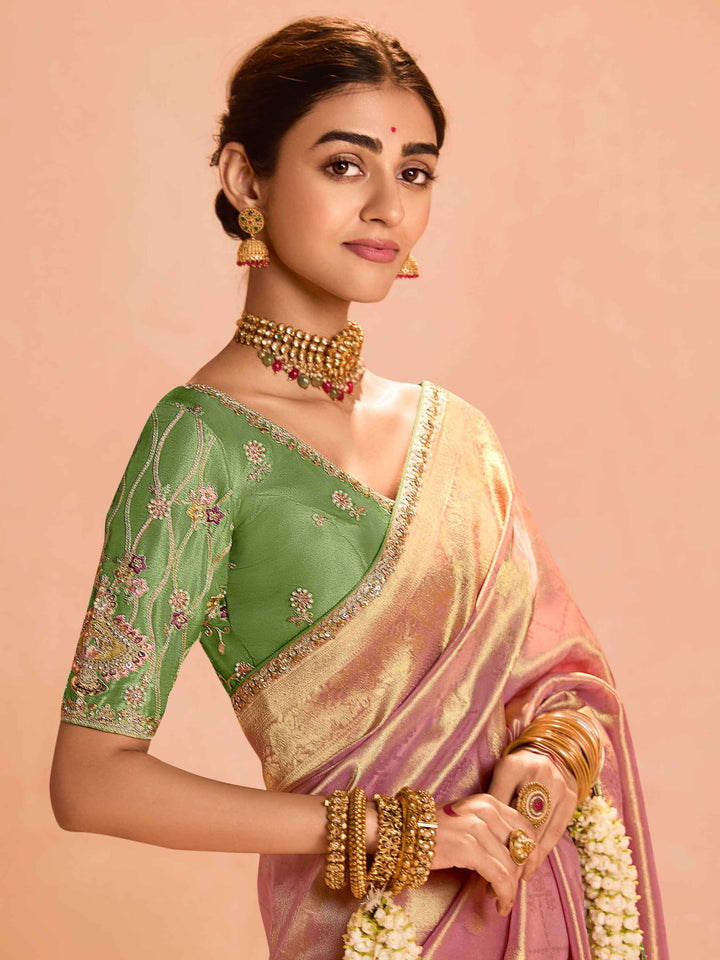 Lovely Rose Gold Zari Weaving Silk Reception Wear Saree With Blouse