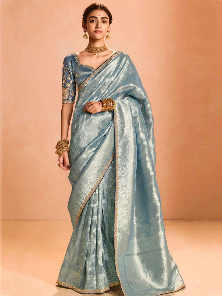 Fabulous Blue Grey Zari Weaving Silk Function Wear Saree With Blouse