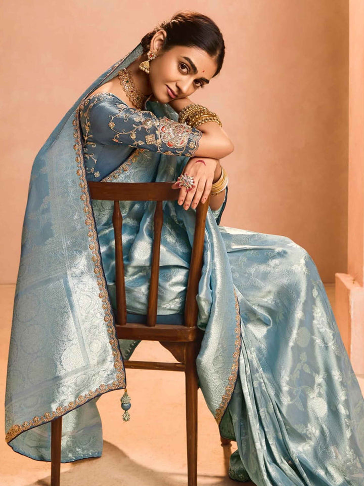 Fabulous Blue Grey Zari Weaving Silk Function Wear Saree With Blouse