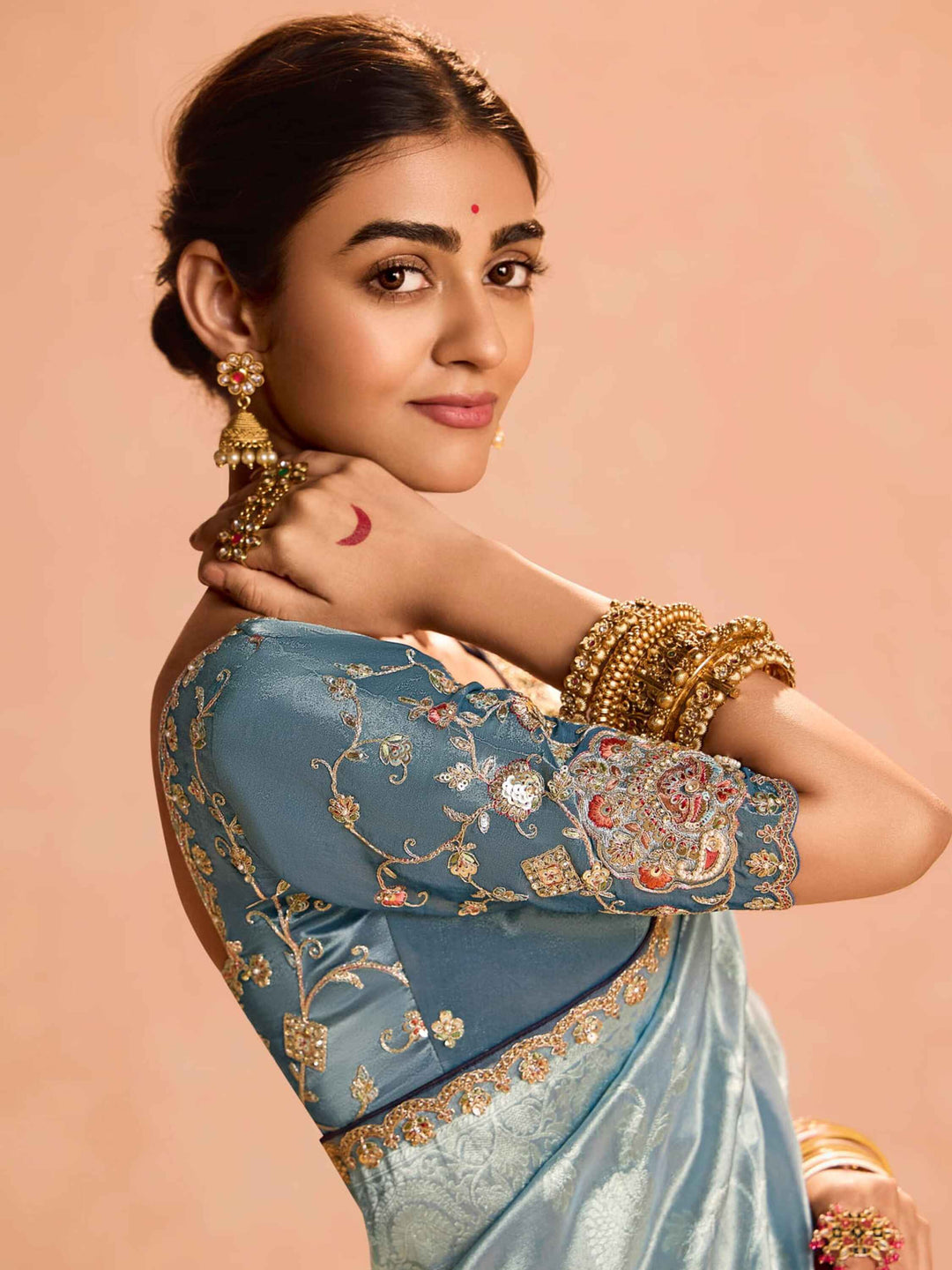 Fabulous Blue Grey Zari Weaving Silk Function Wear Saree With Blouse