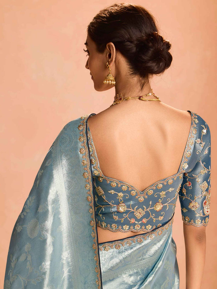 Fabulous Blue Grey Zari Weaving Silk Function Wear Saree With Blouse