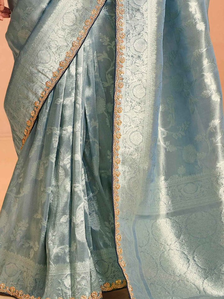 Fabulous Blue Grey Zari Weaving Silk Function Wear Saree With Blouse