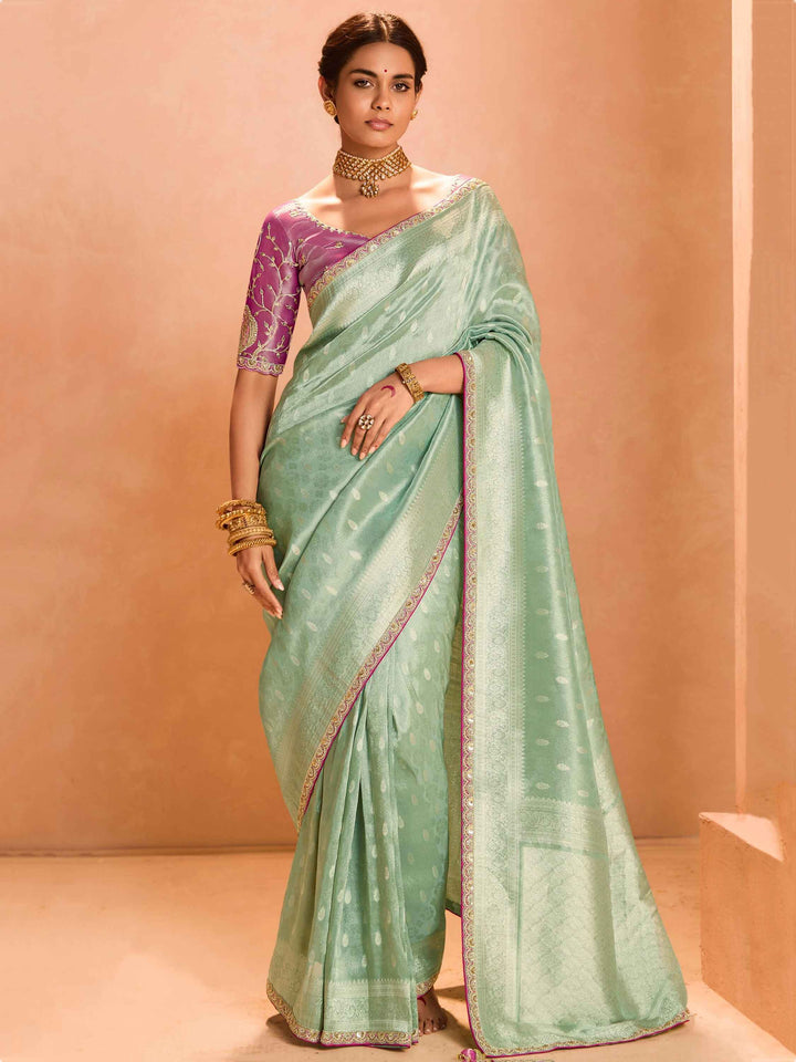 Beautiful Sea Green Zari Weaving Silk Engagement Wear Saree