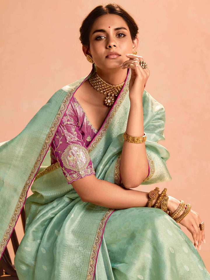 Beautiful Sea Green Zari Weaving Silk Engagement Wear Saree